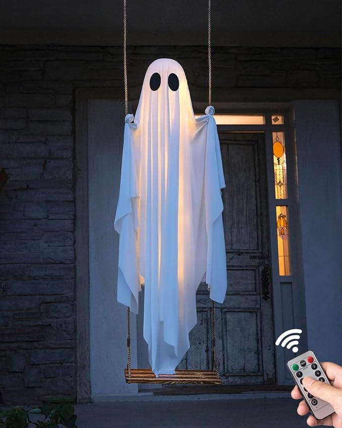 Halloween Outdoor Decoration – Approx. 3.3 FT Large Hanging Swing Ghost with String Lights, Cute Ghost Decor for Front Porch, Yard & Trees