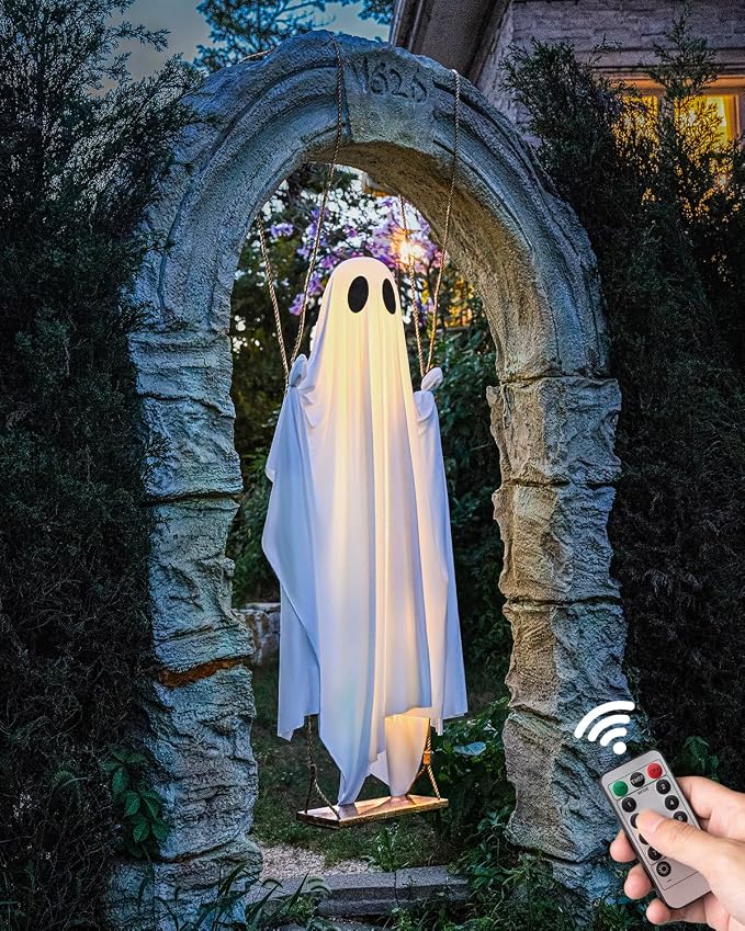 Halloween Outdoor Decoration – Approx. 3.3 FT Large Hanging Swing Ghost with String Lights, Cute Ghost Decor for Front Porch, Yard & Trees