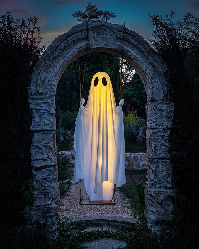 Halloween Outdoor Decoration – Approx. 3.3 FT Large Hanging Swing Ghost with String Lights, Cute Ghost Decor for Front Porch, Yard & Trees
