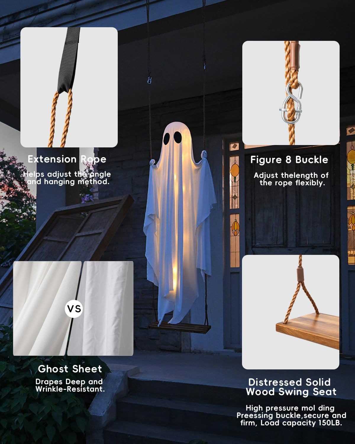 Halloween Outdoor Decoration – Approx. 3.3 FT Large Hanging Swing Ghost with String Lights, Cute Ghost Decor for Front Porch, Yard & Trees