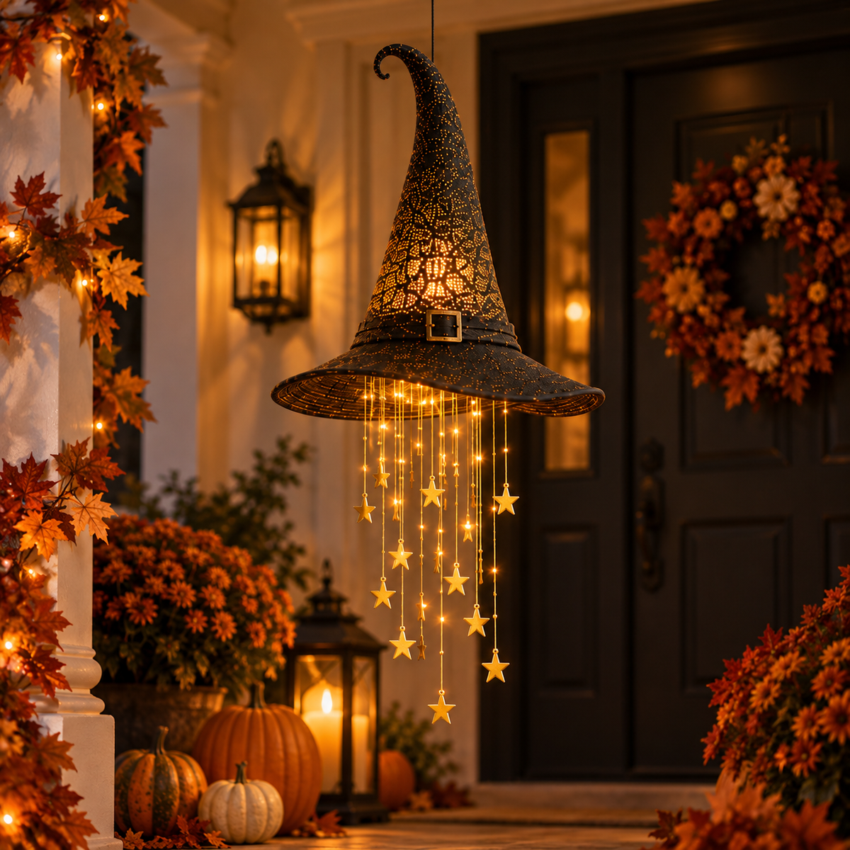 Lighted Hanging Witch Hat with Star Garland – Halloween Porch & Yard Decor