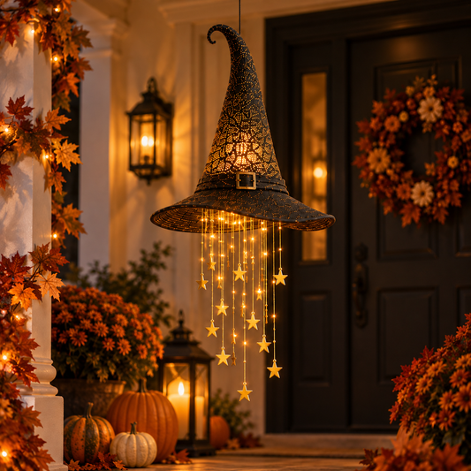 Lighted Hanging Witch Hat with Star Garland – Halloween Porch & Yard Decor