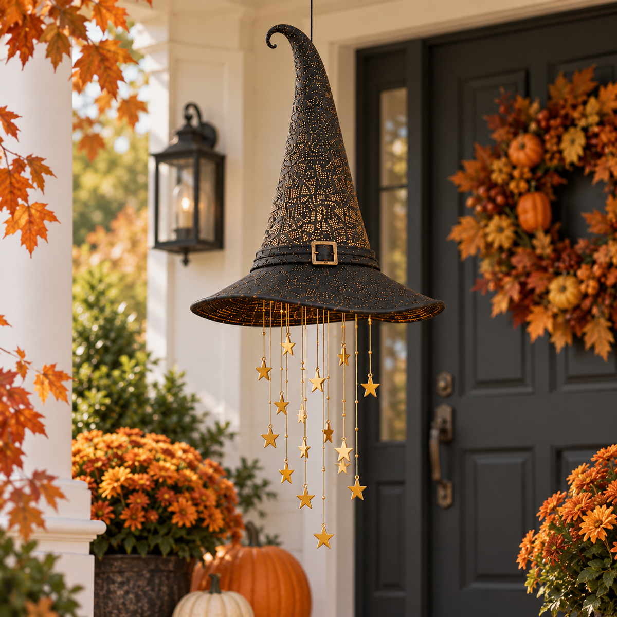 Lighted Hanging Witch Hat with Star Garland – Halloween Porch & Yard Decor