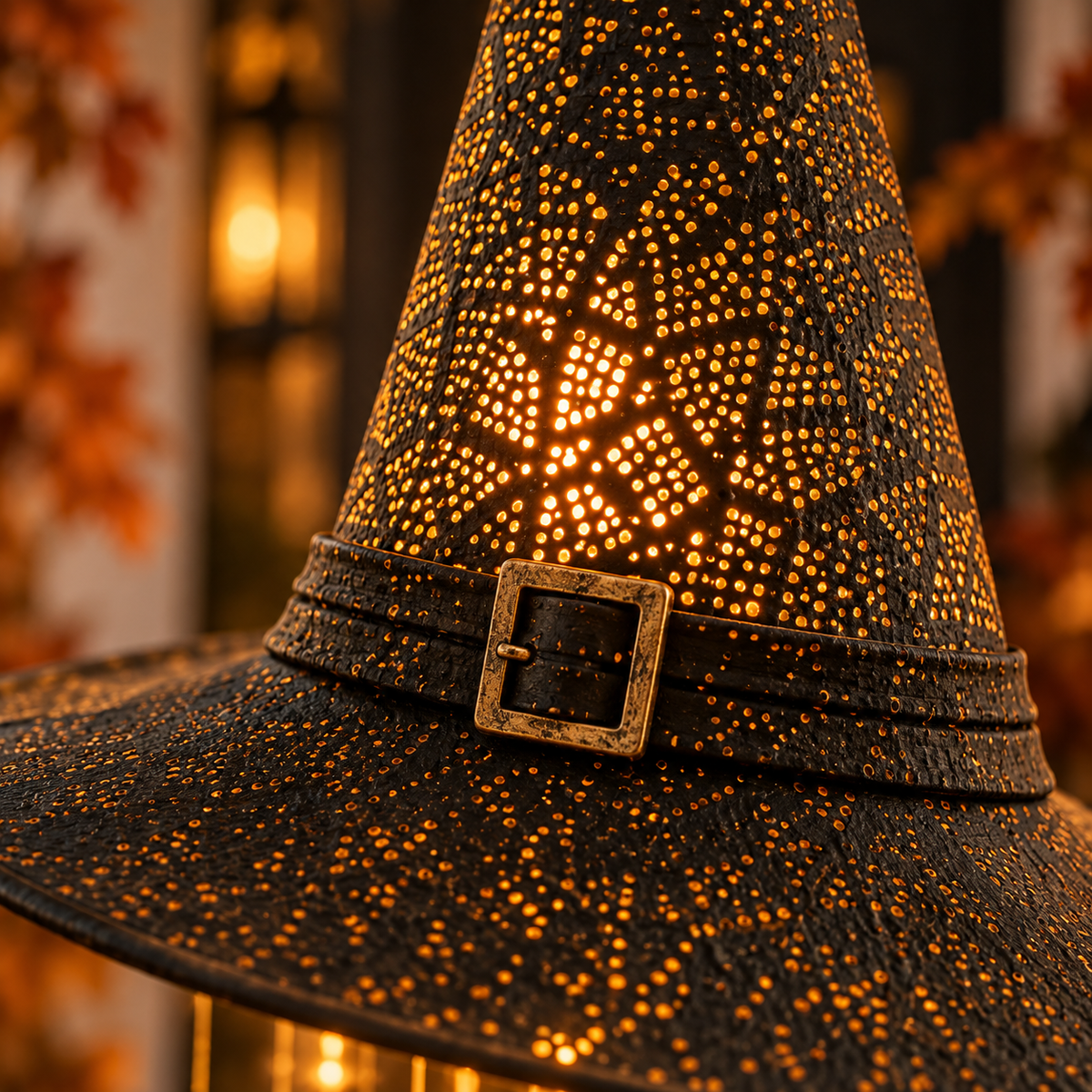 Lighted Hanging Witch Hat with Star Garland – Halloween Porch & Yard Decor
