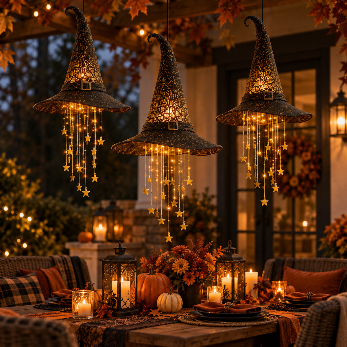 Lighted Hanging Witch Hat with Star Garland – Halloween Porch & Yard Decor