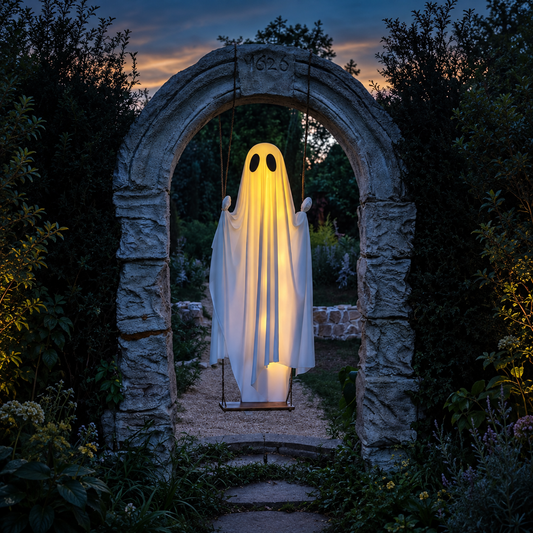 Halloween Outdoor Decoration – Approx. 3.3 FT Large Hanging Swing Ghost with String Lights, Cute Ghost Decor for Front Porch, Yard & Trees